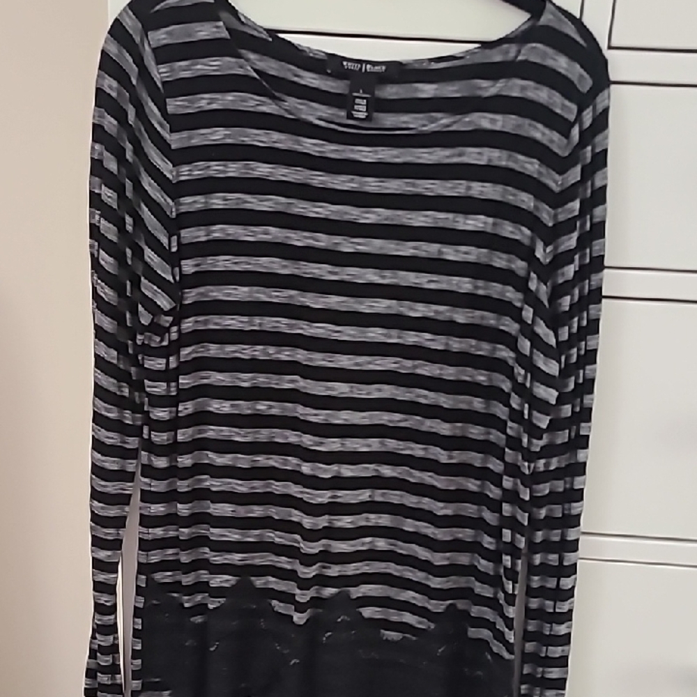 Black and Gray Striped Long Sleeve Top With Lace Detail